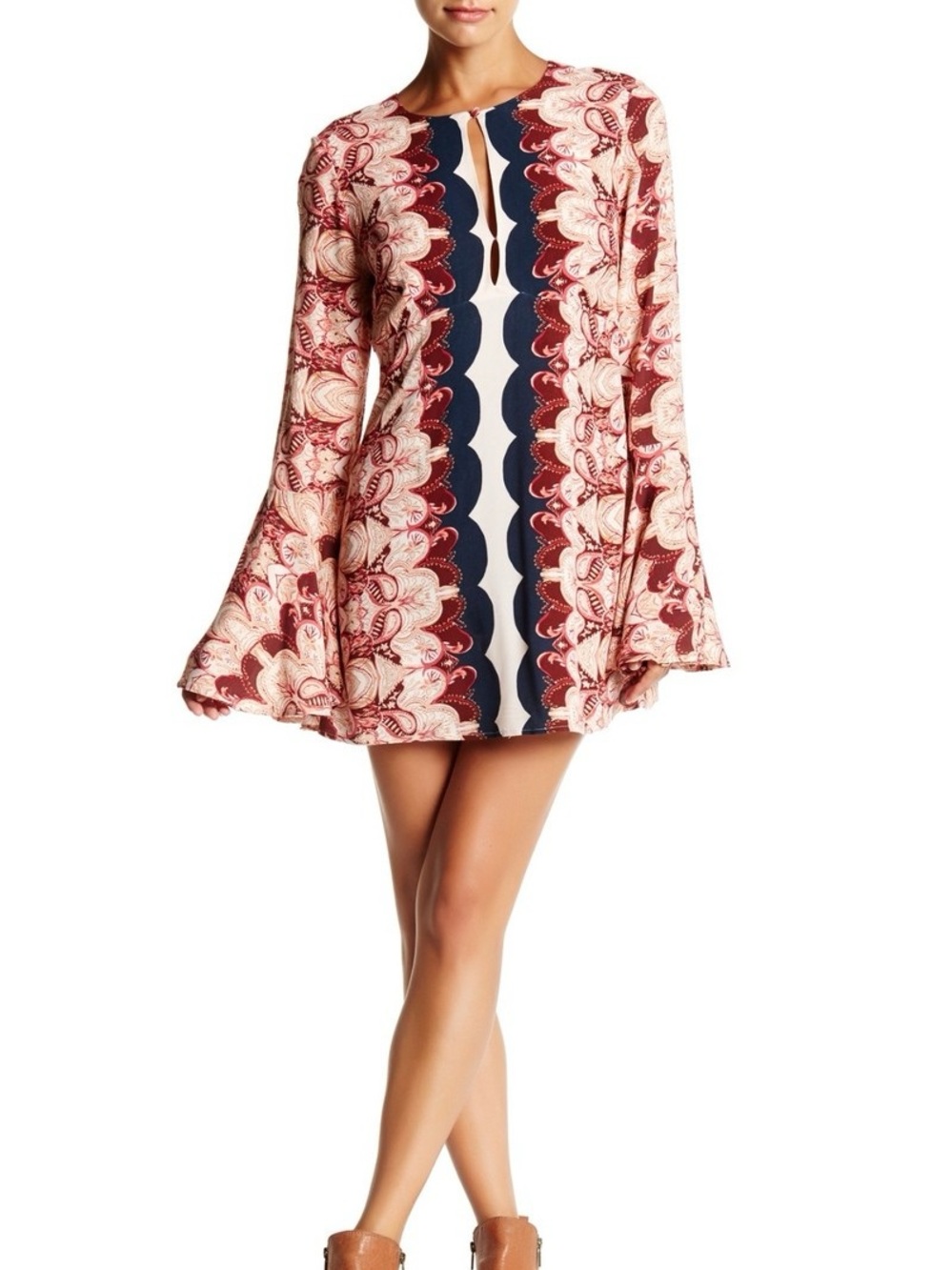 Free People OSSIE Bell Sleeve Mini Tunic Top Dress Key Hole Boho Hippie Sz 8